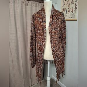Le Moda Brown Gold Knit Open Cardigan Calf Length Fringe Size XL